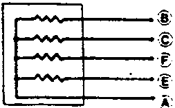 Schematic diagram of the injector resistor showing internal resistance paths between terminals A, B, C, E, and F
