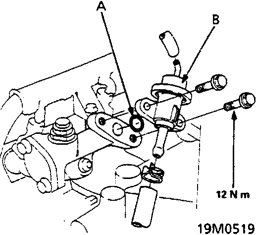 Diagram of the fuel pressure regulator showing part A as the 'O' ring and part B as the regulator itself, with a torque specification of 12 N m.