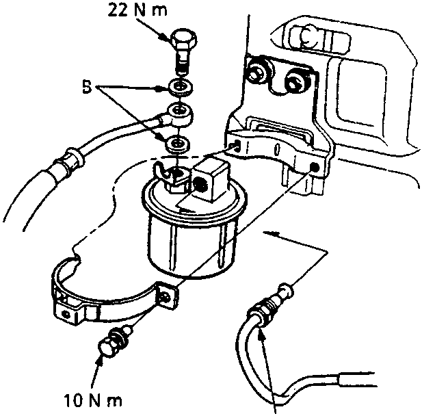Diagram of the fuel filter assembly showing part A as the banjo bolt with a torque of 22 N m, part B as the washer, and a clamp torque of 38 N m.