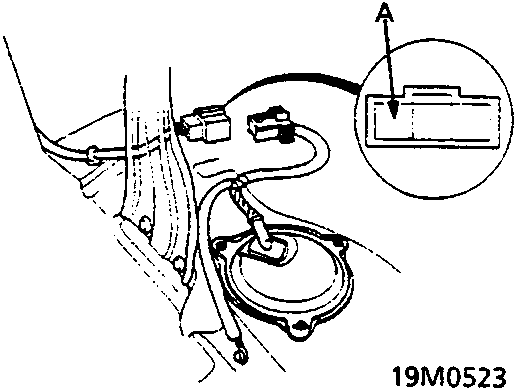 Diagram showing fuel pump connector with callout A pointing to the YEL (+) wire
