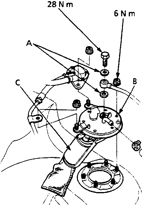 Diagram of fuel pump assembly in fuel tank showing torque values 28 N m and 6 N m, with callouts A (Washer), B (Fuel pump bracket), C (Fuel pump)