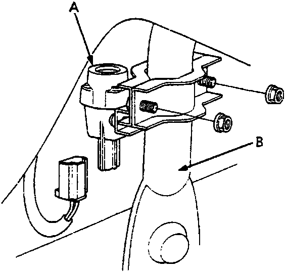 Diagram showing the inertia switch location near the steering hanger pipe with callouts A and B