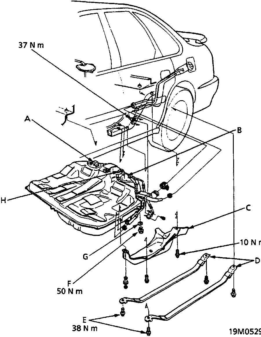 Exploded view of the fuel tank assembly showing components A through H with torque specifications: 37 N m, 10 N m, 50 N m, and 38 N m.