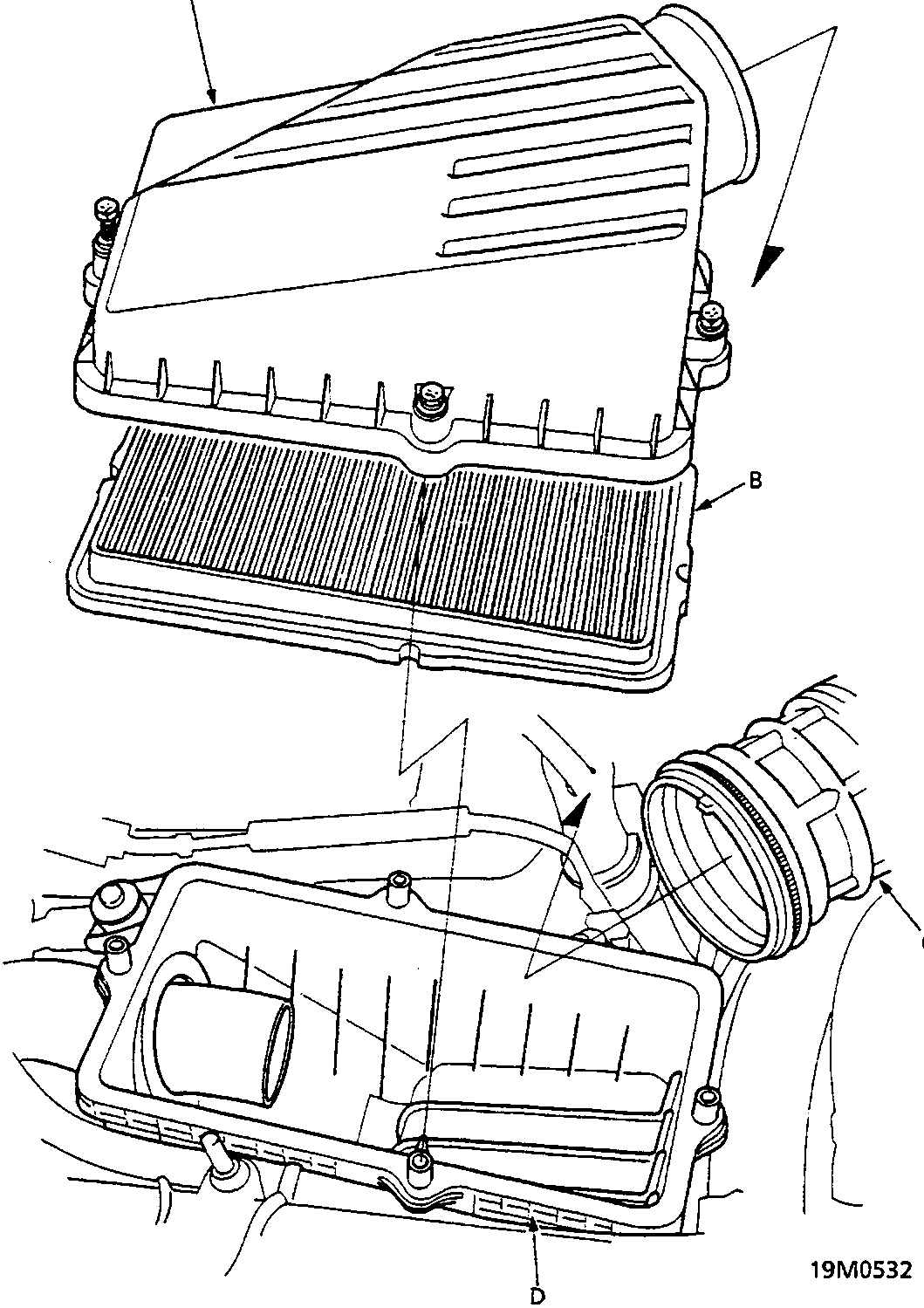 Diagram of the air cleaner assembly showing the housing cover, element, intake air duct, and housing with callout labels A, B, C, and D.