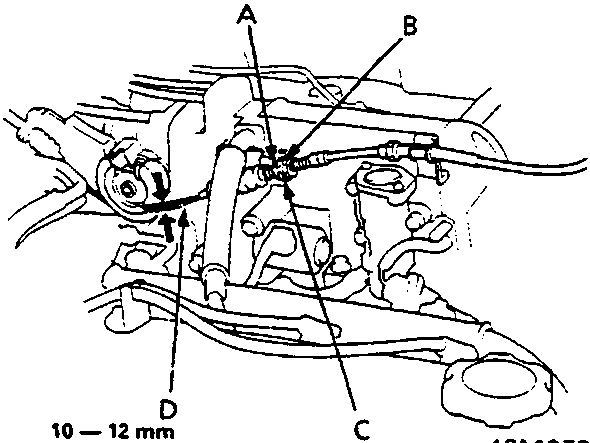 Diagram of throttle cable assembly showing labels A, B, C, D and a measurement of 10-12 mm.