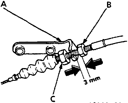 Close-up diagram of cable bracket adjustment showing labels A, B, C, a gap of 3 mm, and a torque specification of 10 N m.