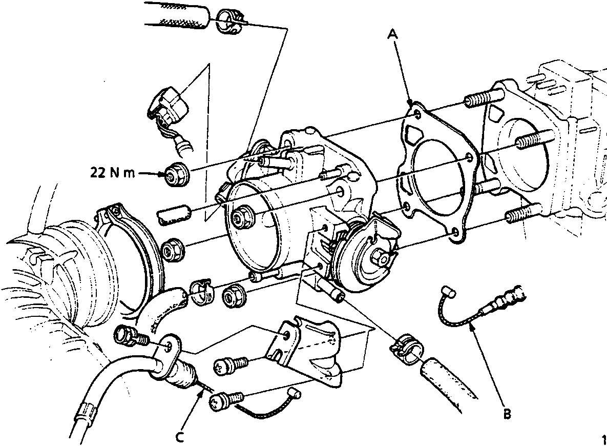 Exploded view of the throttle body assembly showing the gasket, throttle cable, and A/T throttle control cable with a torque specification of 22 N m.