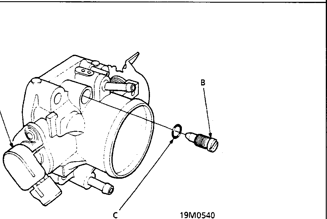 Diagram of throttle body assembly showing Throttle Position (TP) sensor, idle adjusting screw, and 'O' ring