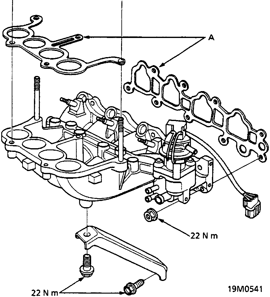 Exploded diagram of the intake manifold, gaskets, and mounting hardware, with callout A pointing to a gasket and torque values of 22 N m indicated for various fasteners.