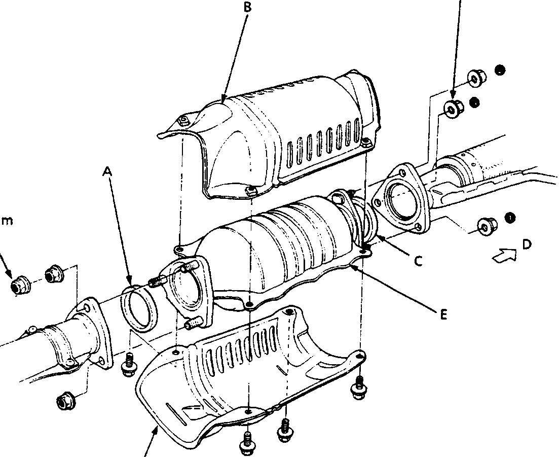 Exploded view diagram of the catalytic converter assembly showing heat shields, gaskets, and bolts with torque specifications.