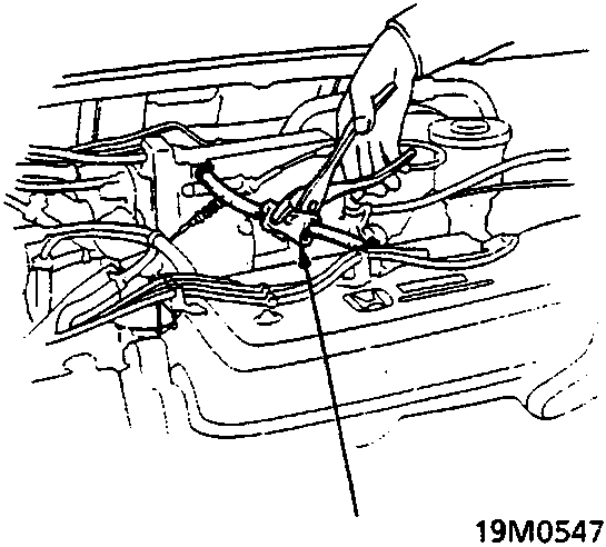 Diagram showing a hand clamping the PCV hose between the PCV valve and intake manifold to check for clicking sound