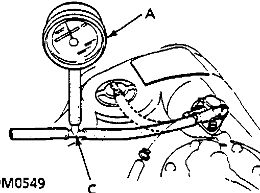 Diagram showing vacuum/pressure gauge, vacuum pump/gauge, and T piece connected to vehicle components