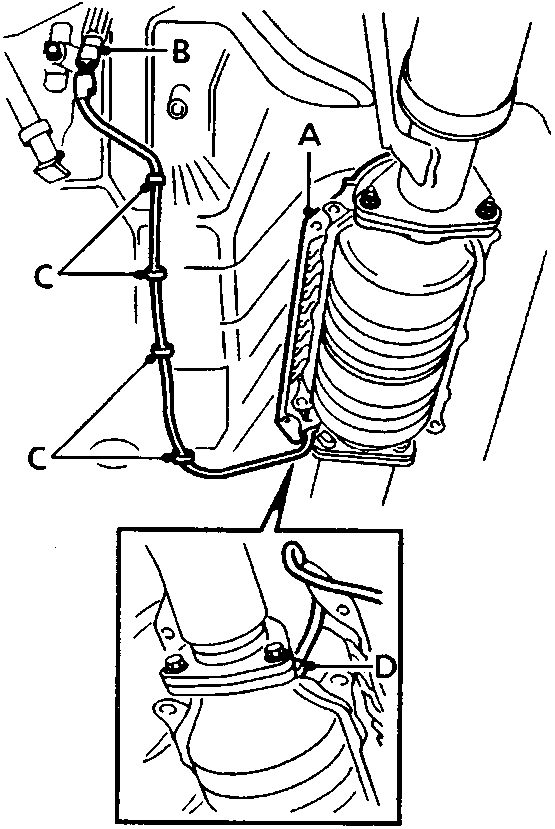 Diagram showing upper heat shield, sensor connector, harness clips, and catalyst overheat sensor location