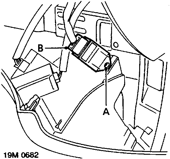 Diagram showing the overheat sensor module (A) and sensor connector (B) located near the catalyst.