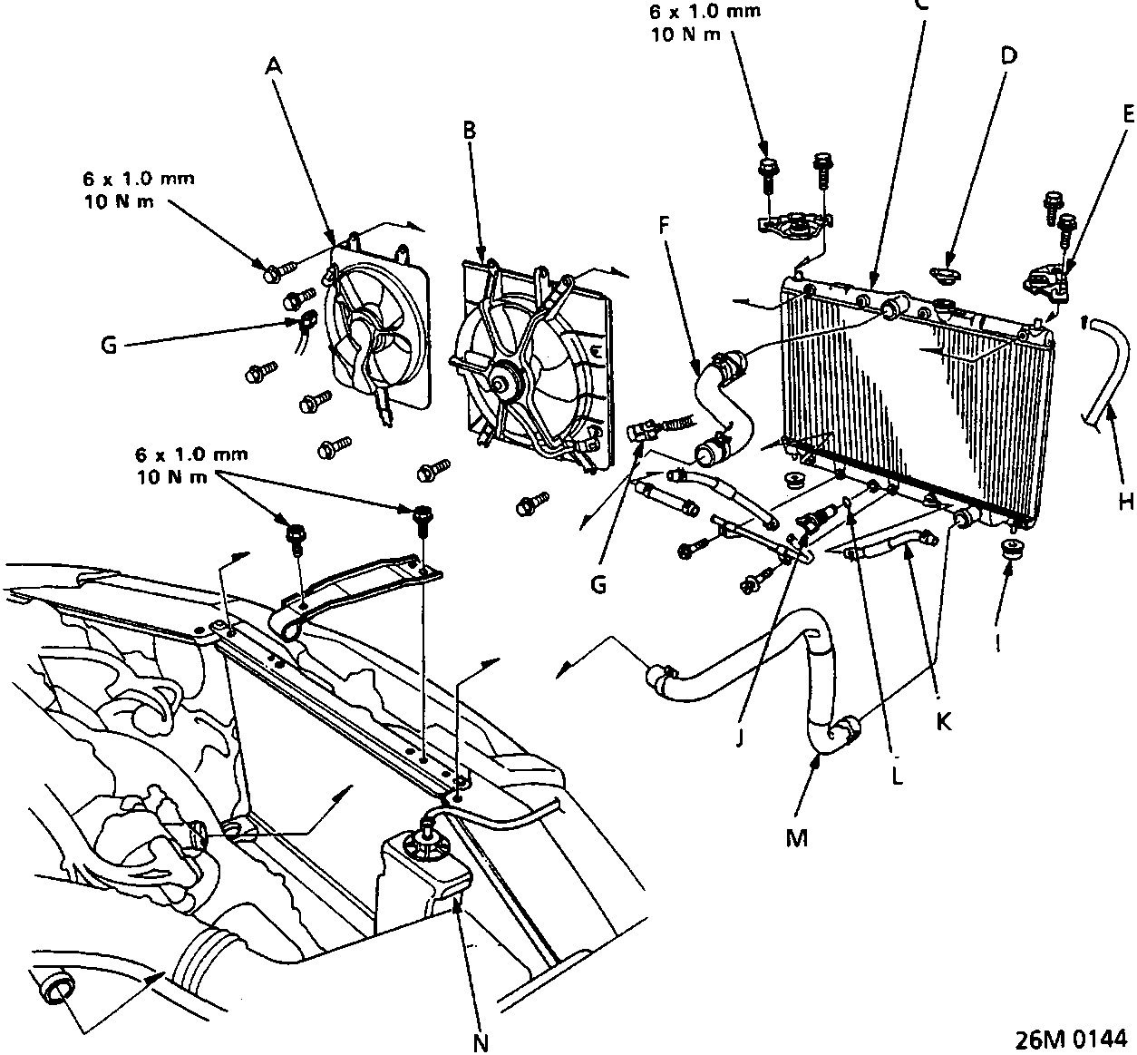Exploded view diagram of the cooling system components including condenser fan, radiator, hoses, and reservoir with callout letters A through N. Torque values 6 x 1.0 mm 10 N m are indicated for specific fasteners. Figure number 26M 0144 is in the bottom right corner.