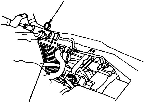 Diagram showing a radiator pressure tester (A) and small adapter (B) connected to the radiator filler neck.
