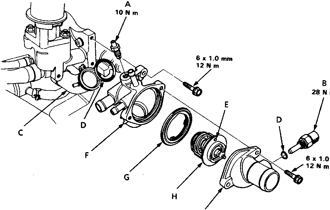 Exploded view of the thermostat assembly showing components A through I with torque specifications for bolts.