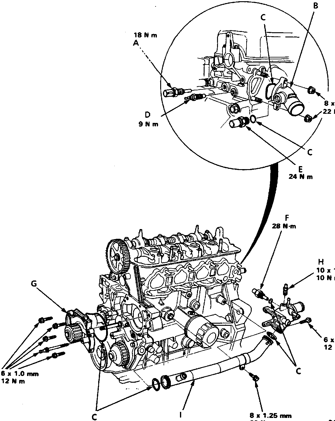 Diagram of the water pump and associated cooling system components, including sensors, housing, O-rings, switches, bleed bolt, and connecting pipe with torque specifications.