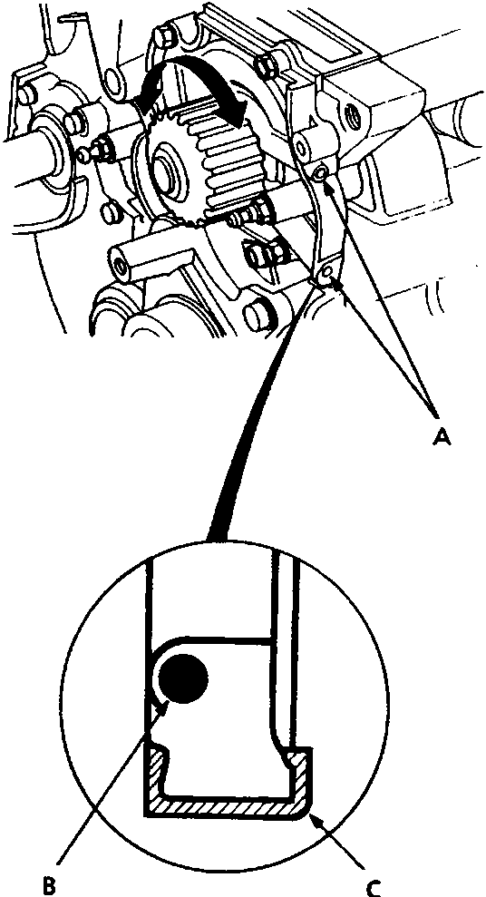 Diagram of water pump showing bleed holes, bleed hole, and rubber seal with callout labels A, B, C.