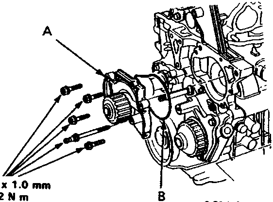 Diagram of water pump removal showing bolts, O-ring, and torque specification 6 x 1.0 mm 12 N m.