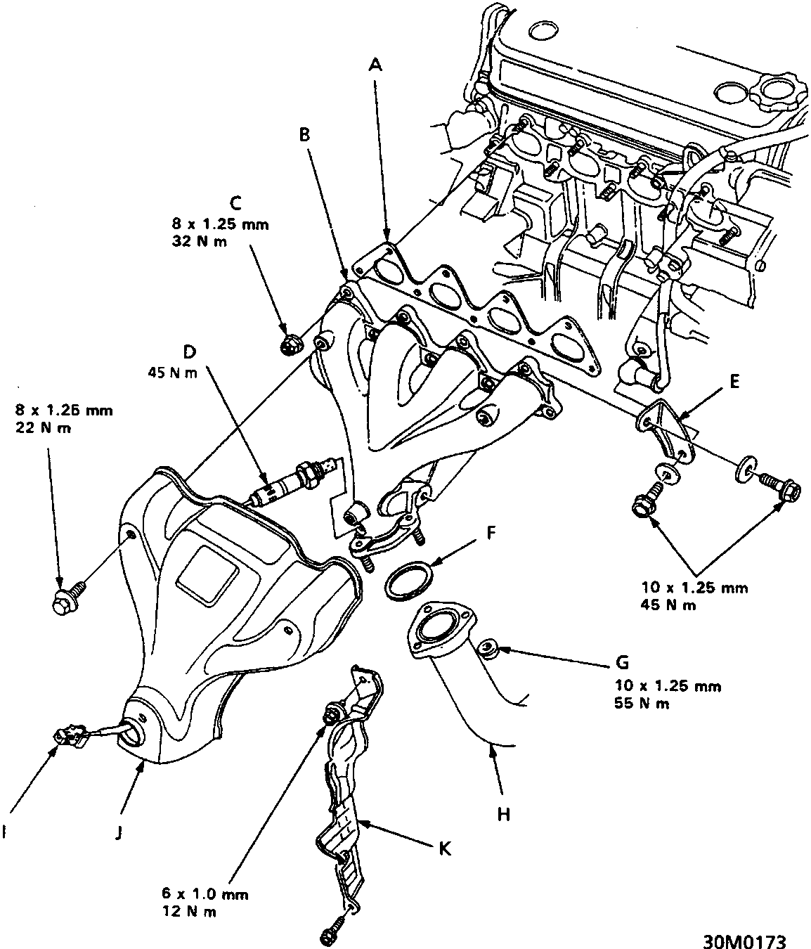 Exploded view diagram of the manifold and exhaust assembly showing components labeled A through K with specific bolt sizes and torque values.