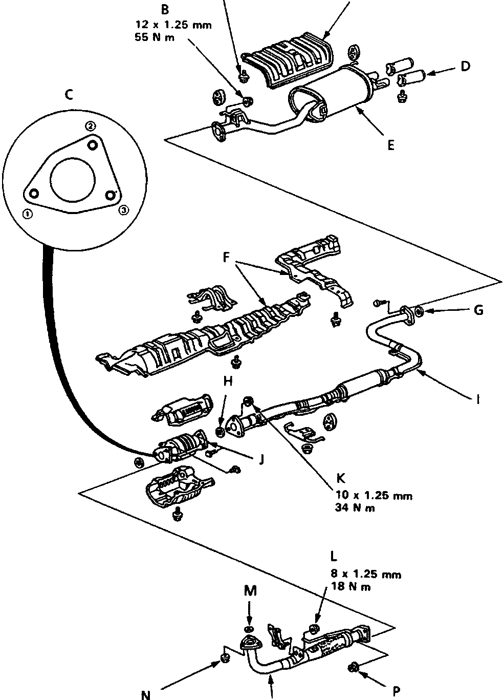 Exploded view diagram of the manifold and exhaust system showing components A through P with thread sizes and torque values.