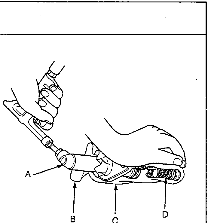 Diagram showing hands using a tool to remove a piston assembly from a clutch master cylinder, with a cloth placed over the port, labeled A, B, C, D