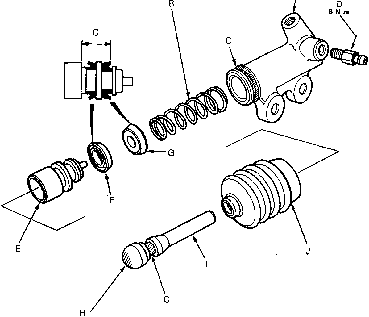 Exploded view diagram of a clutch master cylinder showing components labeled A through J, including the reservoir, piston, spring, seals, and bleed screw with an 8 N m torque specification.