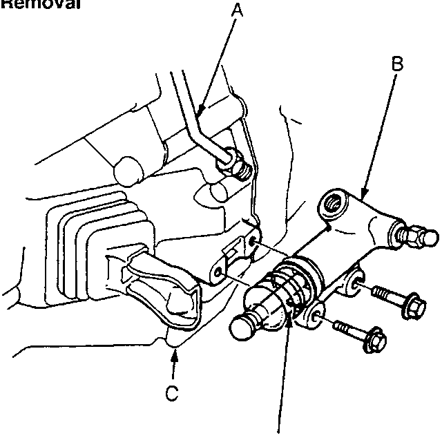 Diagram showing slave cylinder, clutch pipe, clutch housing, and boot with callout labels A, B, C, D. Figure number 33M0059.