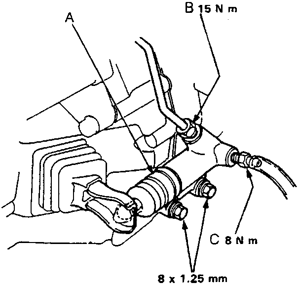 Diagram showing installed slave cylinder, clutch pipe, and bleeder screw with torque values. Callout labels A, B, C. Figure number 33M0060.
