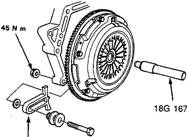 Diagram showing special tools 18G 1674 and 18G 1673 installed on the clutch assembly with a torque specification of 45 N m