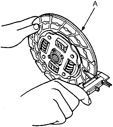 Diagram showing a clutch disc being measured with a thickness gauge