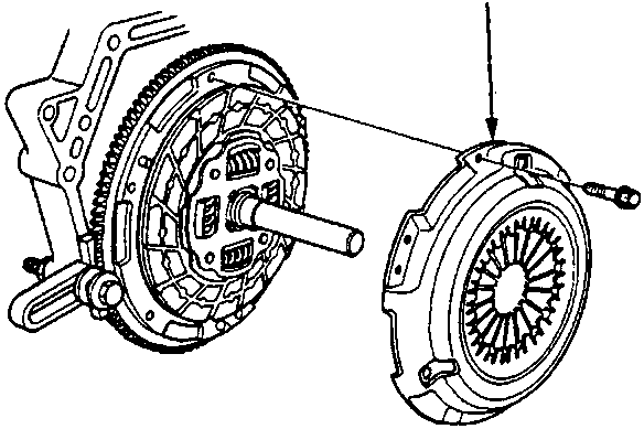 Diagram showing the pressure plate (A) being aligned and installed over the clutch disc and flywheel assembly.