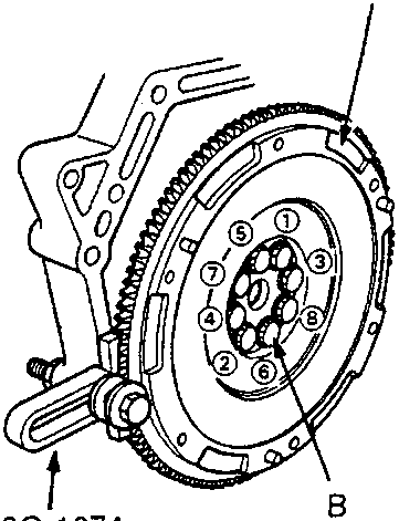 Diagram of a flywheel being removed with a special tool, showing eight mounting bolts arranged in a crisscross pattern.