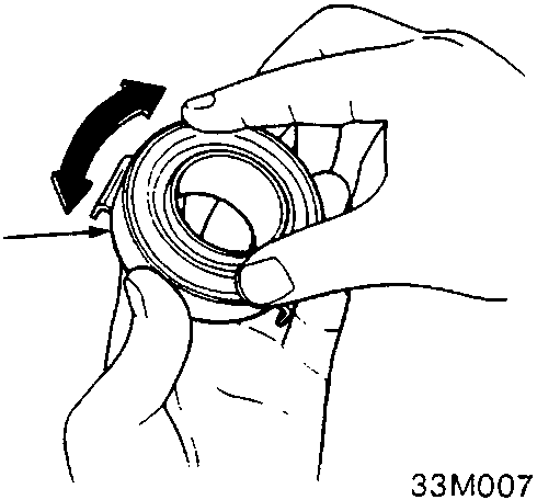 Close-up of a hand holding and spinning a release bearing to check for play.