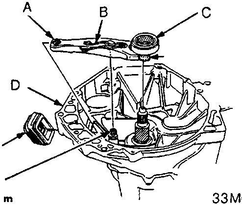 Diagram of clutch assembly showing release fork, bearing, housing, and boot with callouts A through F and torque value 30 Nm