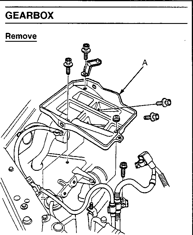Diagram showing removal of battery base (A) from gearbox area with bolts and cables. Figure number 37M0192.