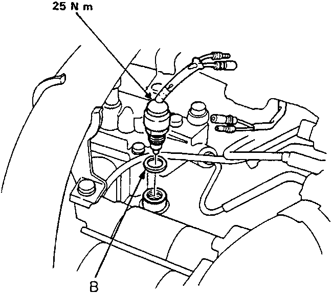 Diagram of reverse light switch and washer on gearbox with callouts A and B, and torque specification 25 N m. Figure number 37M0191.