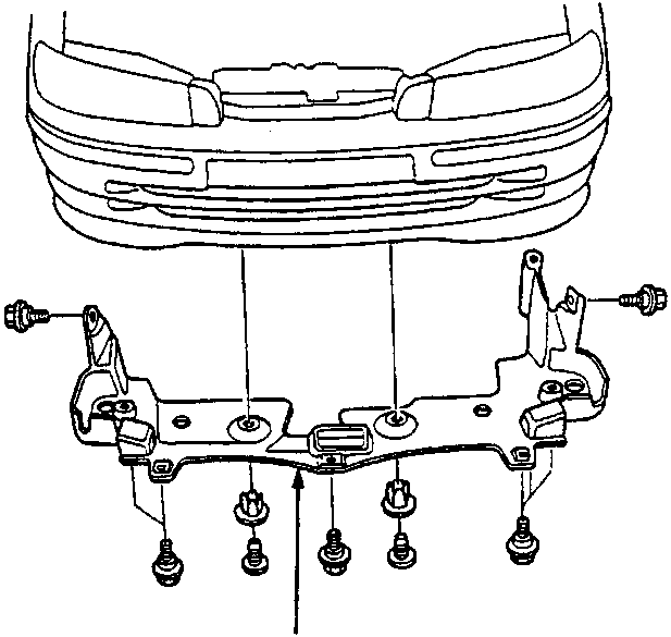Diagram showing engine splash shield with mounting bolts below the front of the vehicle