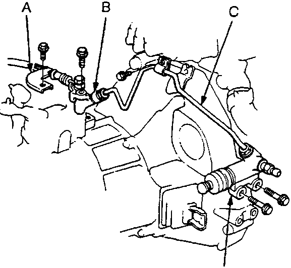 Diagram showing stay, clutch hose joint, clutch pipe, and slave cylinder on the gearbox assembly
