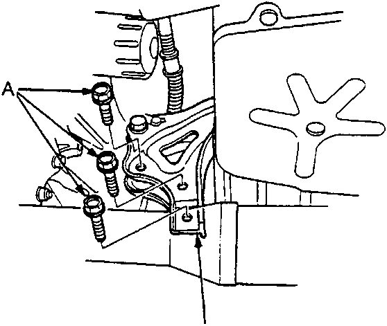 Diagram showing the rear engine mount bracket (B) and its mounting bolts (A)