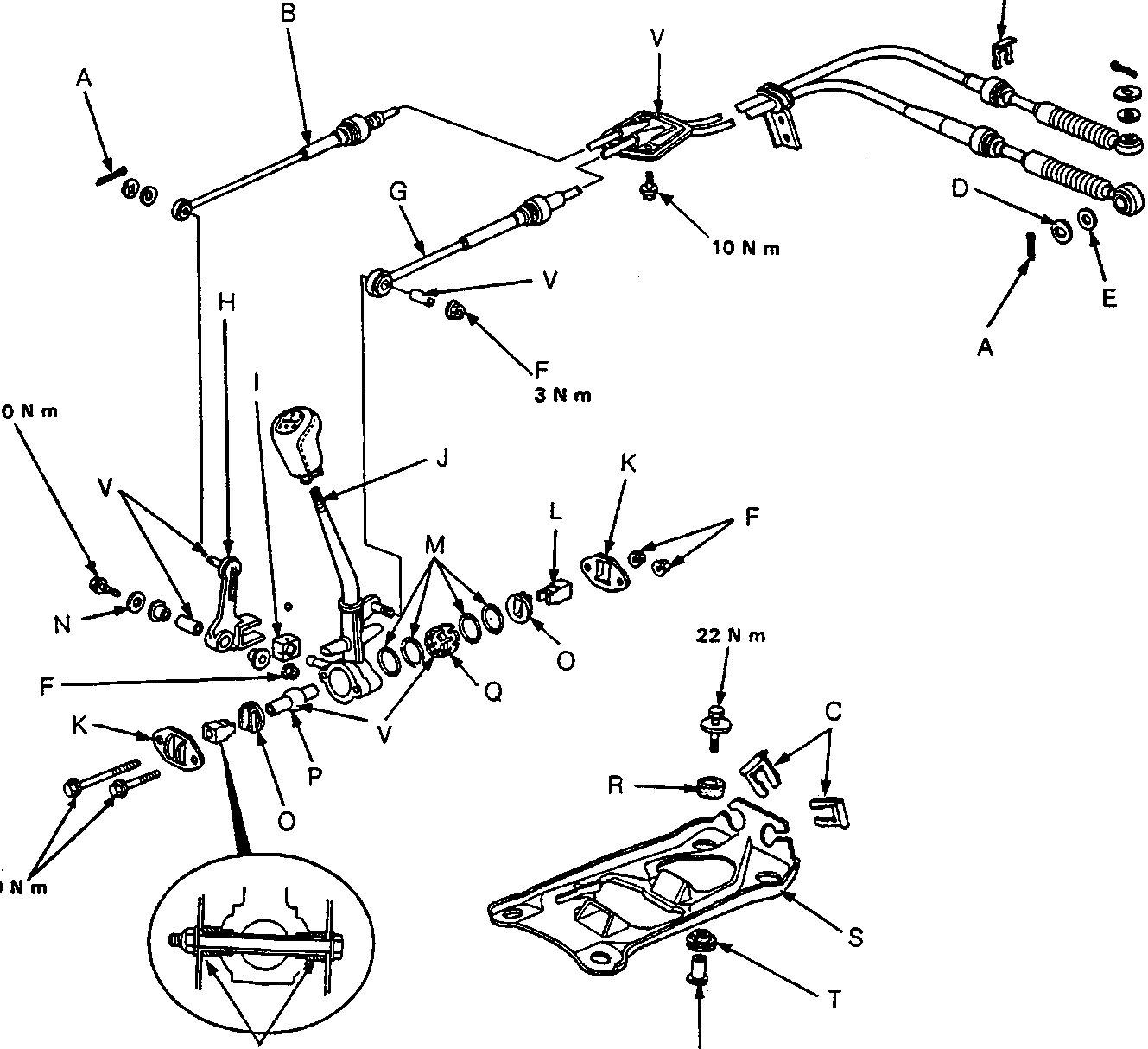 Exploded view diagram of manual gearbox shift linkage components including cables, levers, brackets, washers, and fasteners with letter callouts A through W and torque values 10 N m, 3 N m, and 22 N m.