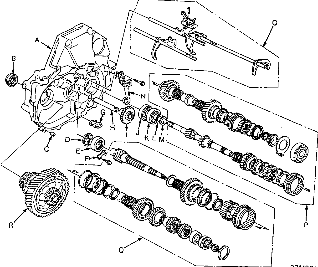 Exploded view diagram of the manual gearbox showing internal components including shafts, gears, bearings, and shift forks, labeled A through R.