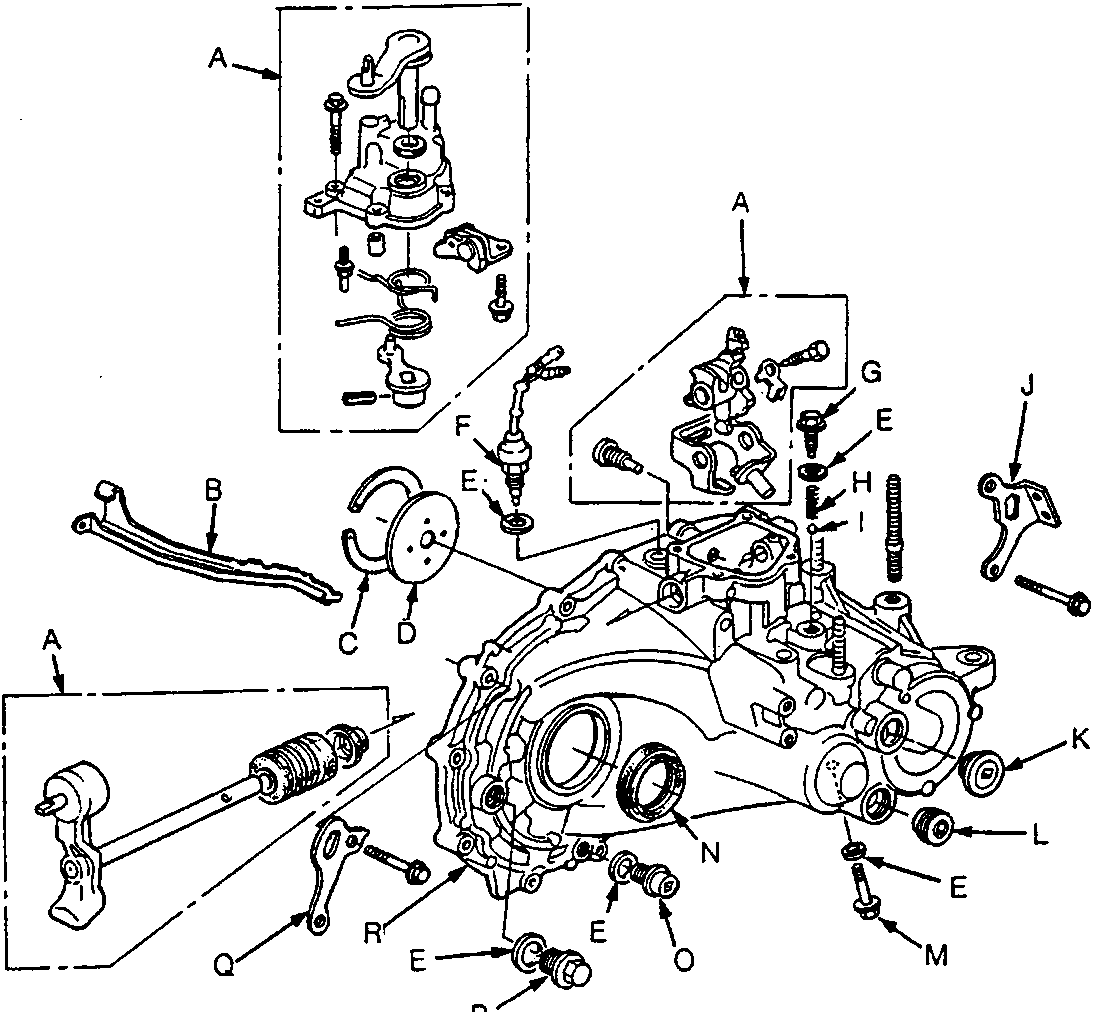 Exploded view diagram of the manual gearbox showing various components labeled with letters A through R, including shift mechanisms, levers, shafts, and mounting hardware. The figure number 37M0213 is printed below the diagram.
