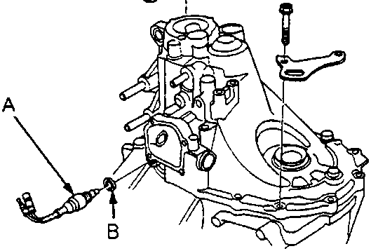 Diagram showing the reverse light switch (A) and washer (B) located on the side of the gearbox housing.