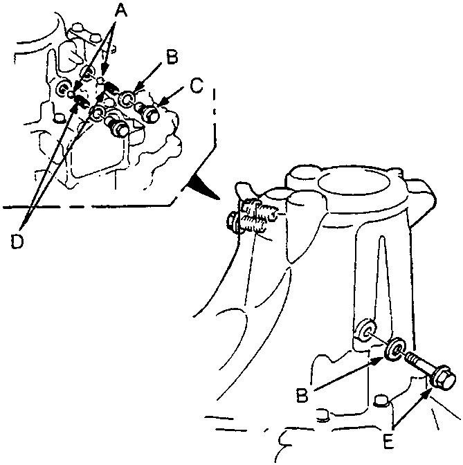 Diagram showing shift arm assembly with labels A (Steel ball), B (Washer), C (Setting screw), D (Spring), and E (Reverse idler gear shaft bolt) on the gearbox housing.