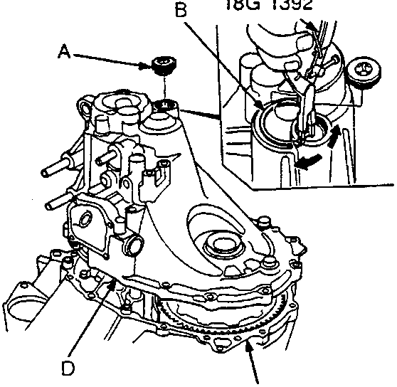 Diagram showing the sealing bolt (A), snap ring (B), clutch housing (C), and gearbox housing (D). An inset detail shows the snap ring being removed.