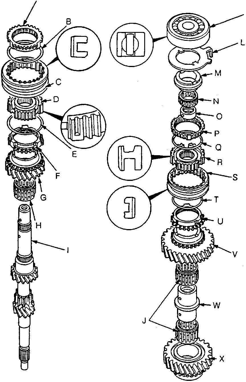 Exploded view diagram of the manual gearbox mainshaft assembly showing components labeled A through X. Includes close-up callouts for specific parts C, E, H, and J.
