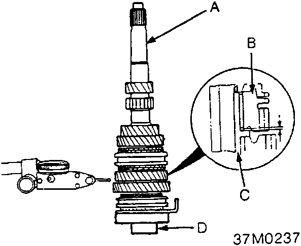 Diagram of mainshaft with 4th gear, spacer collar and socket indicated by callouts A, B, C, D