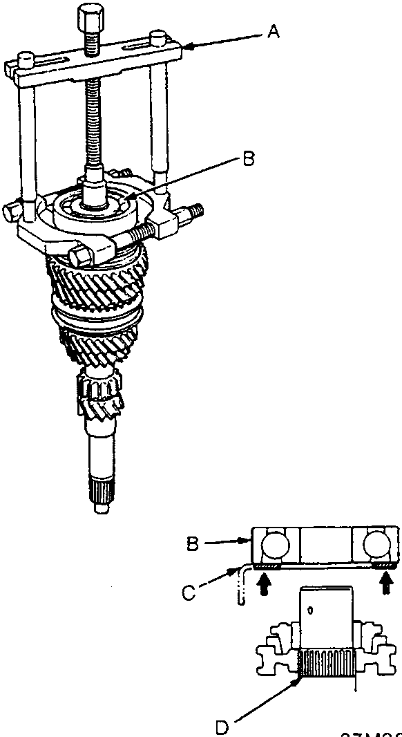 Diagram showing bearing puller, ball bearing, stopper ring and mainshaft assembly